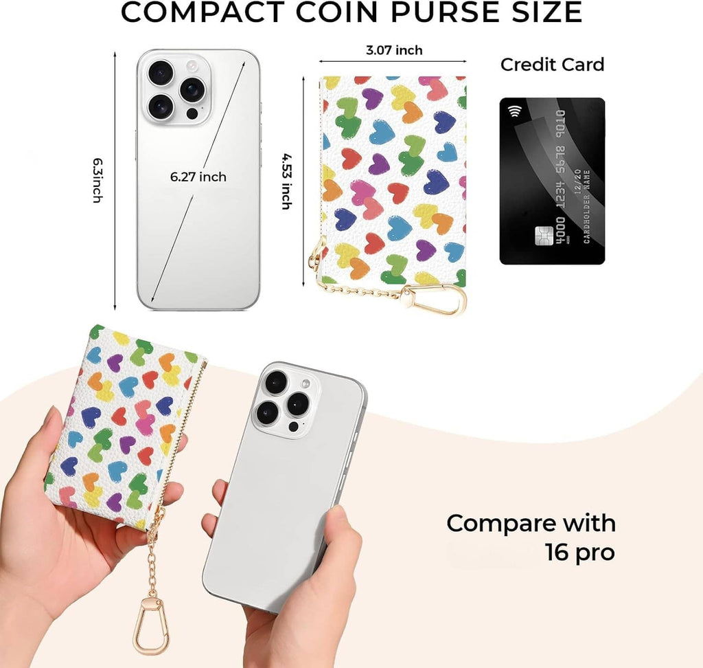 Compact heart-pattern zip coin purse with keychain, sized for cards and cash.