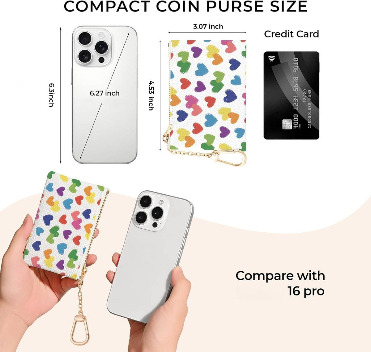 Compact heart-pattern zip coin purse with keychain, sized for cards and cash.