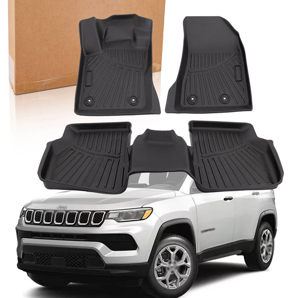 Set of black front and rear waterproof TPE floor mats with raised grip channels
