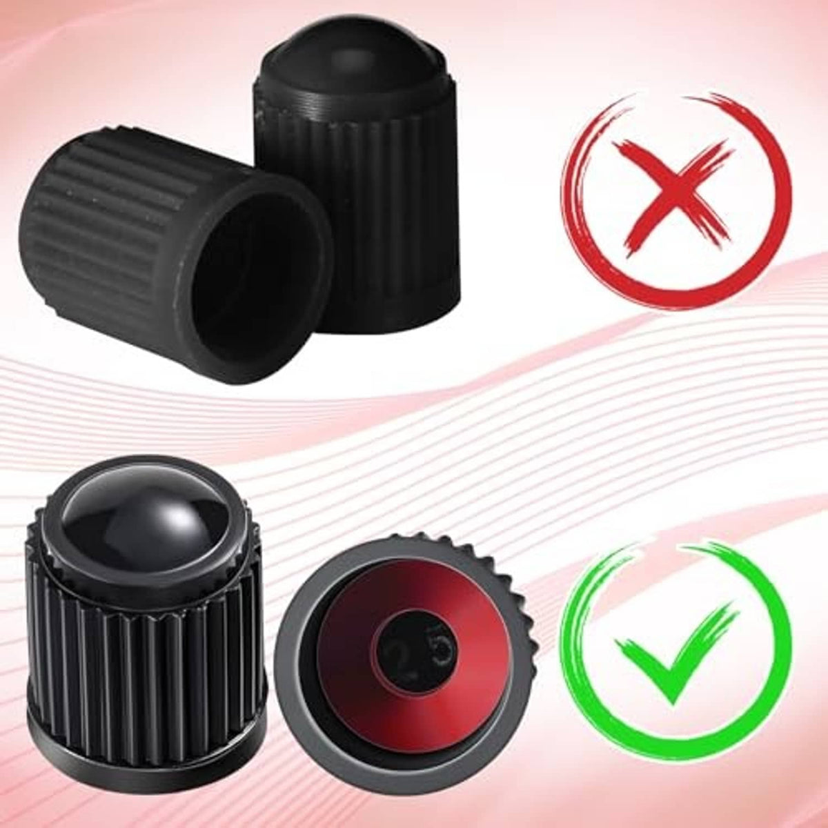 Two black plastic tire valve stem caps with inner red seal, plus a spare cap set