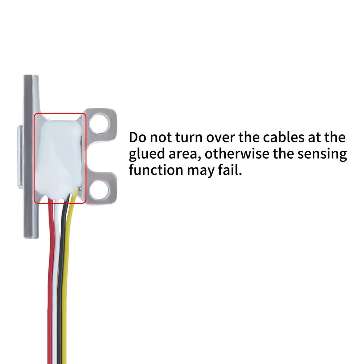Sensor block on bracket with two mounting holes and multicolor wires