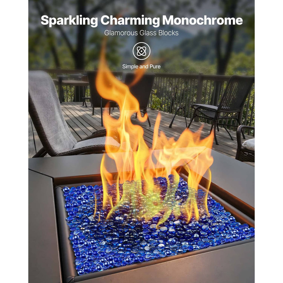 Cobalt blue fire pit glass stones with visible flames in a rectangular fire bowl