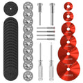 Mixed abrasive cutting disc set: black and silver discs, red discs, and metal mandrels