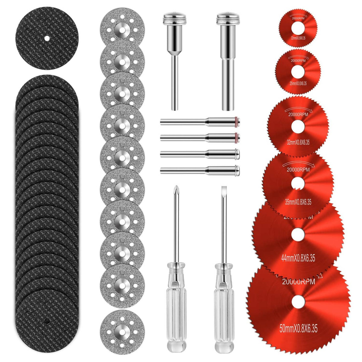 Mixed abrasive cutting disc set: black and silver discs, red discs, and metal mandrels