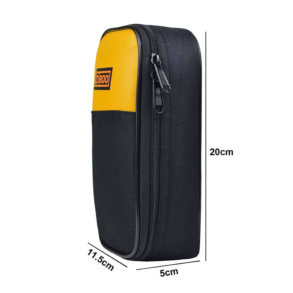 Multimeter soft case side view with zipper and compact profile, yellow and black design.