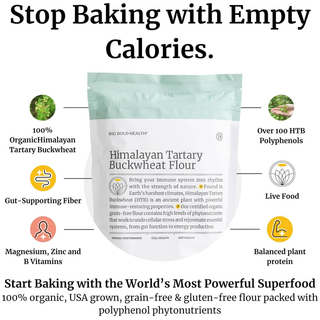 Himalayan Tartary buckwheat flour pouch with front label and nutrition icons