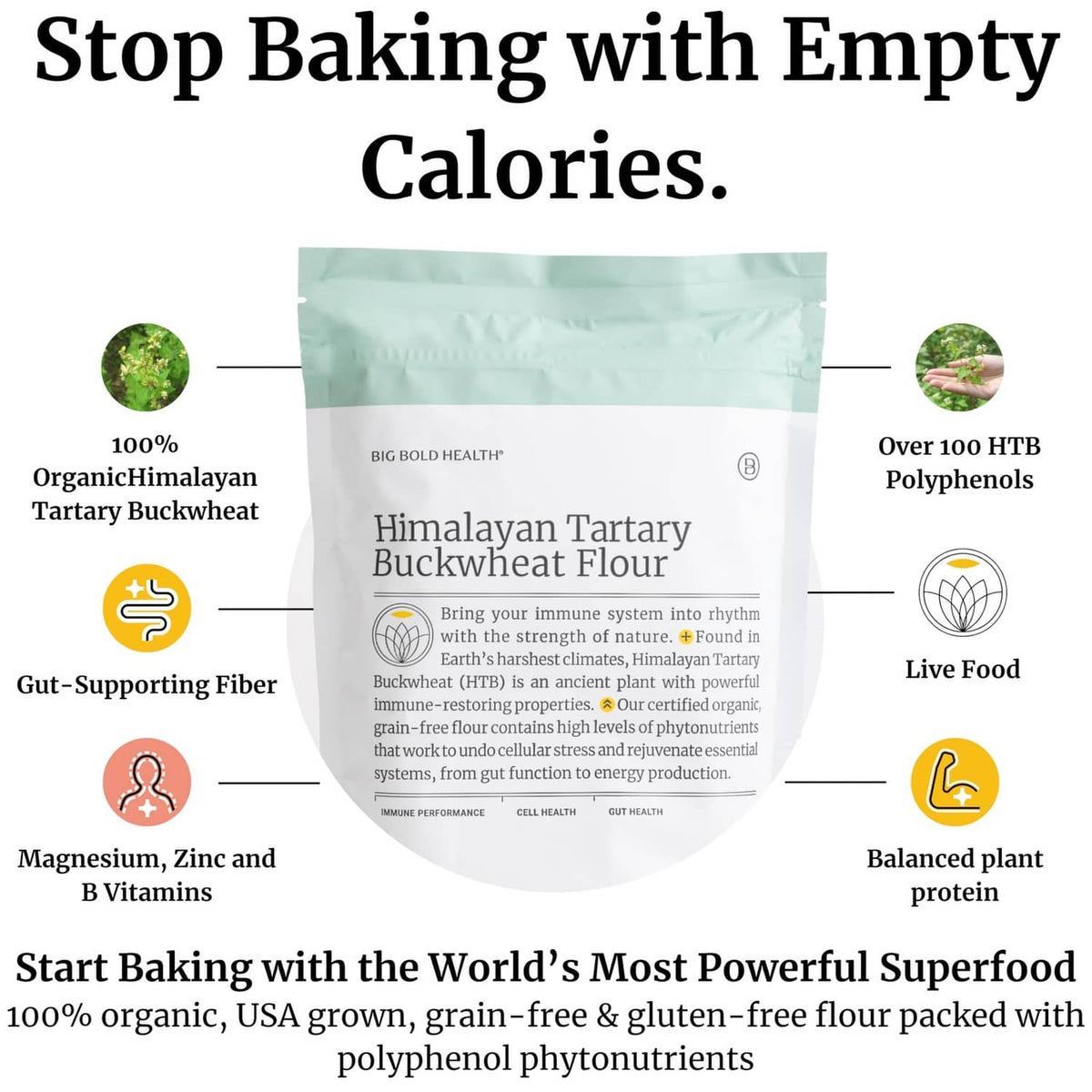 Himalayan Tartary buckwheat flour pouch with front label and nutrition icons