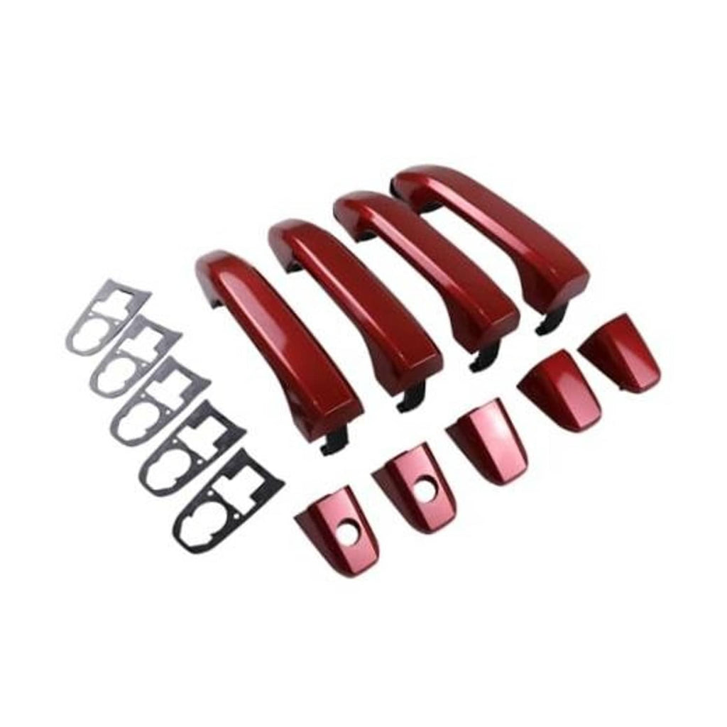 Red exterior door handle kit with multiple handle covers and mounting clips