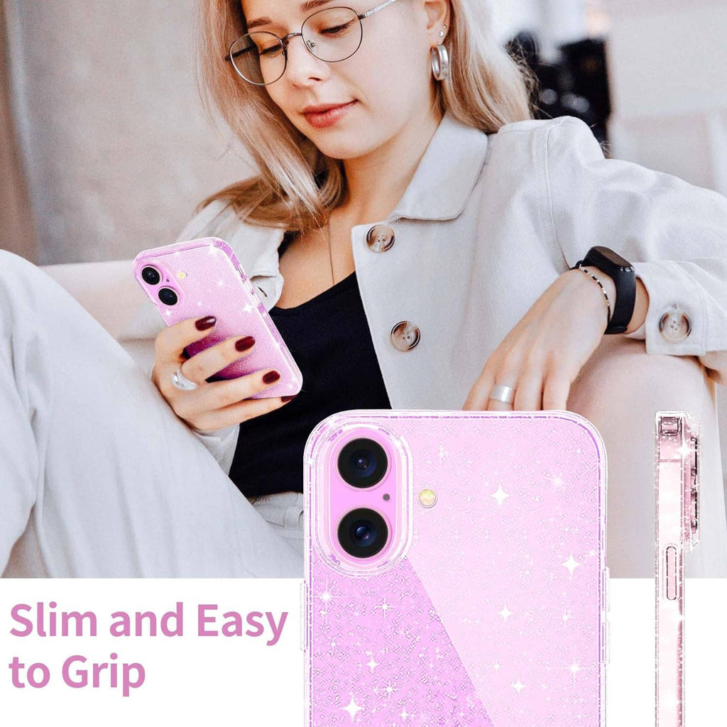 Pink sparkly transparent TPU phone case on held phone, slim profile