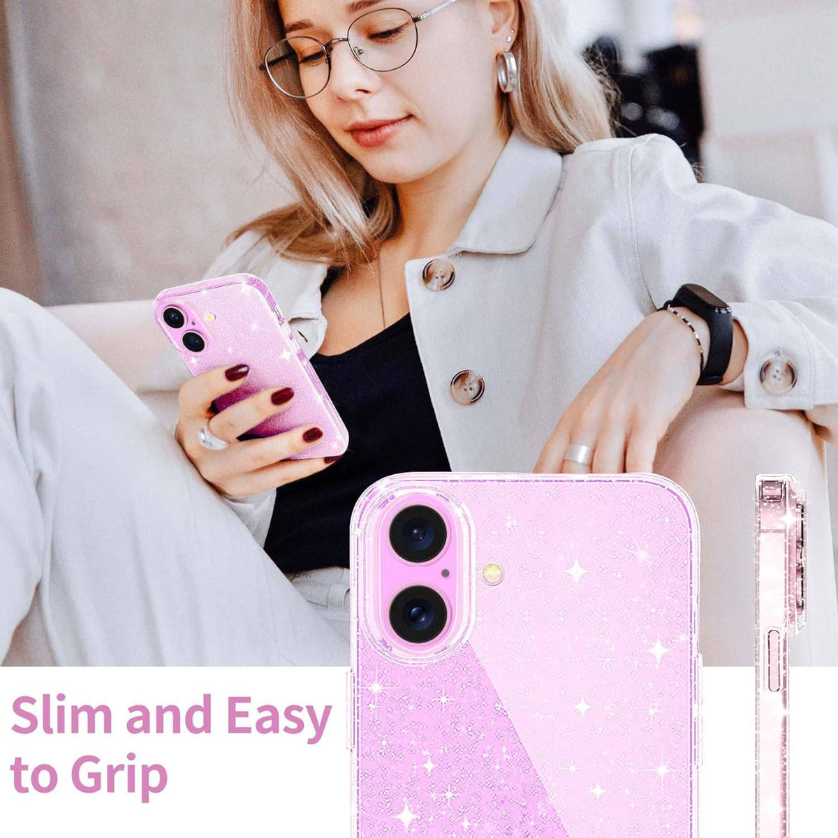 Pink sparkly transparent TPU phone case on held phone, slim profile