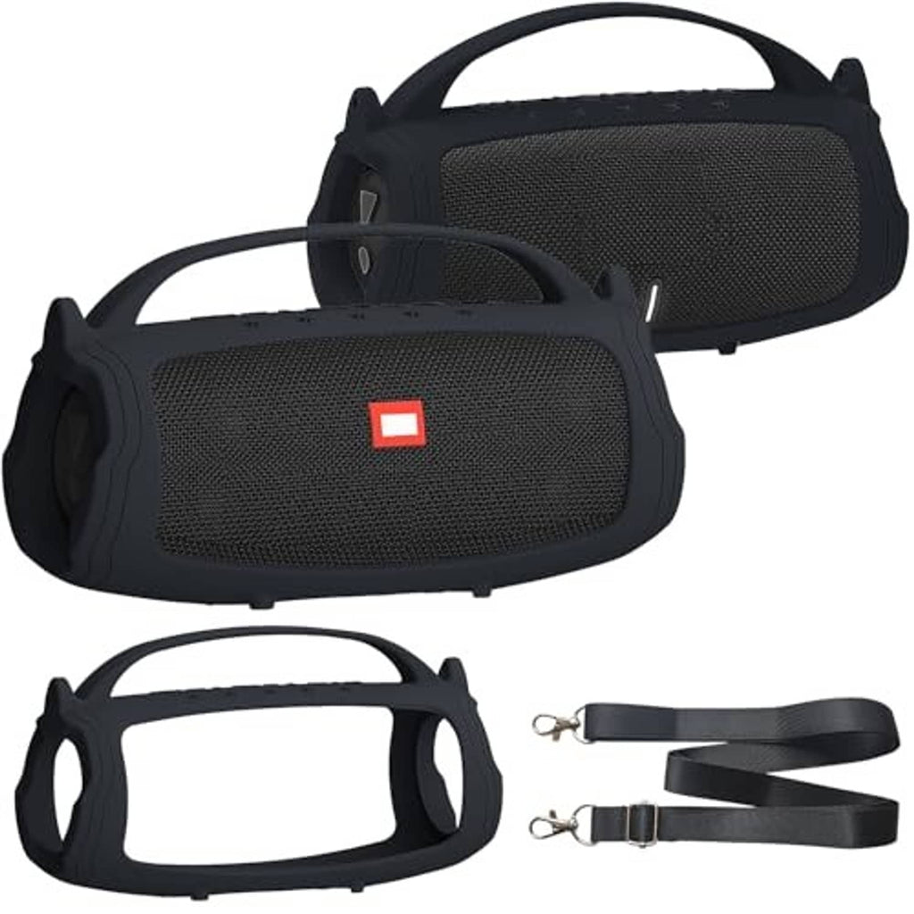 Soft black silicone speaker cover case with textured fabric front and carry strap