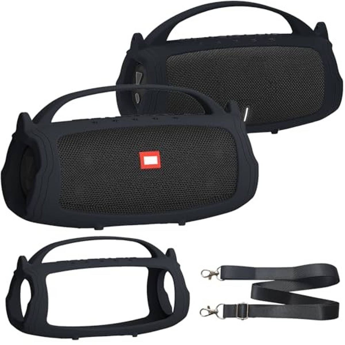 Soft black silicone speaker cover case with textured fabric front and carry strap