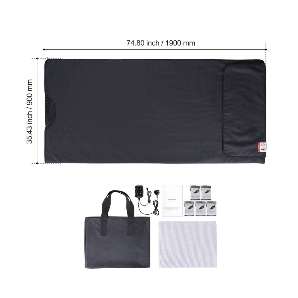 Black infrared sauna heating blanket with accessories bag and controller, on white background