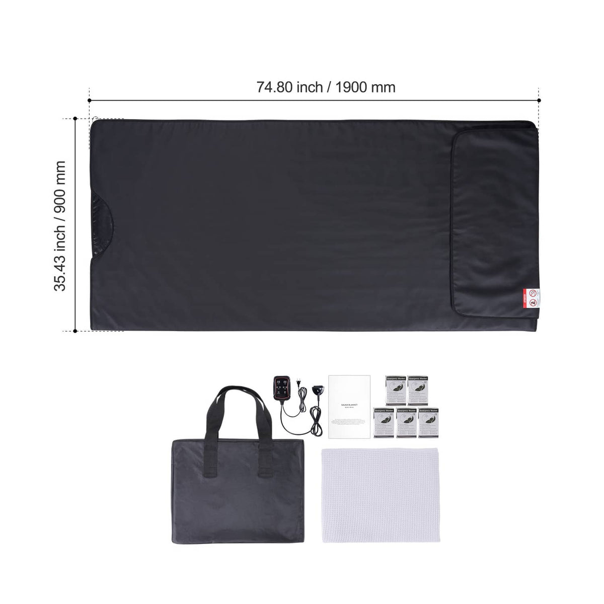 Black infrared sauna heating blanket with accessories bag and controller, on white background