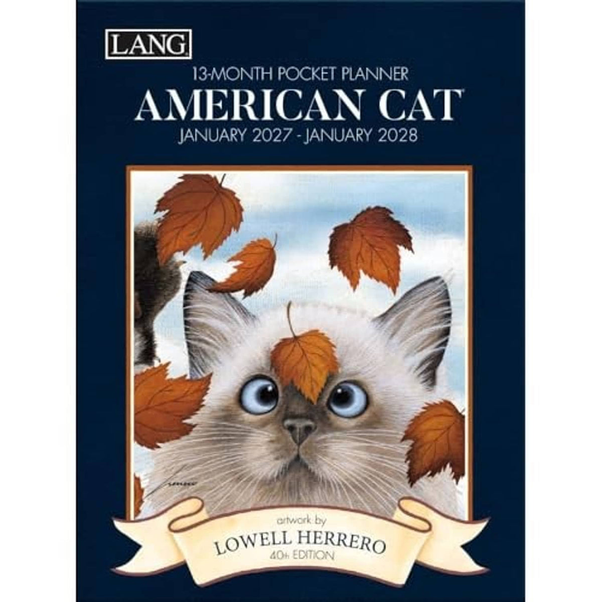 Lang 13-month pocket planner with navy cover and cat face illustration with falling leaves