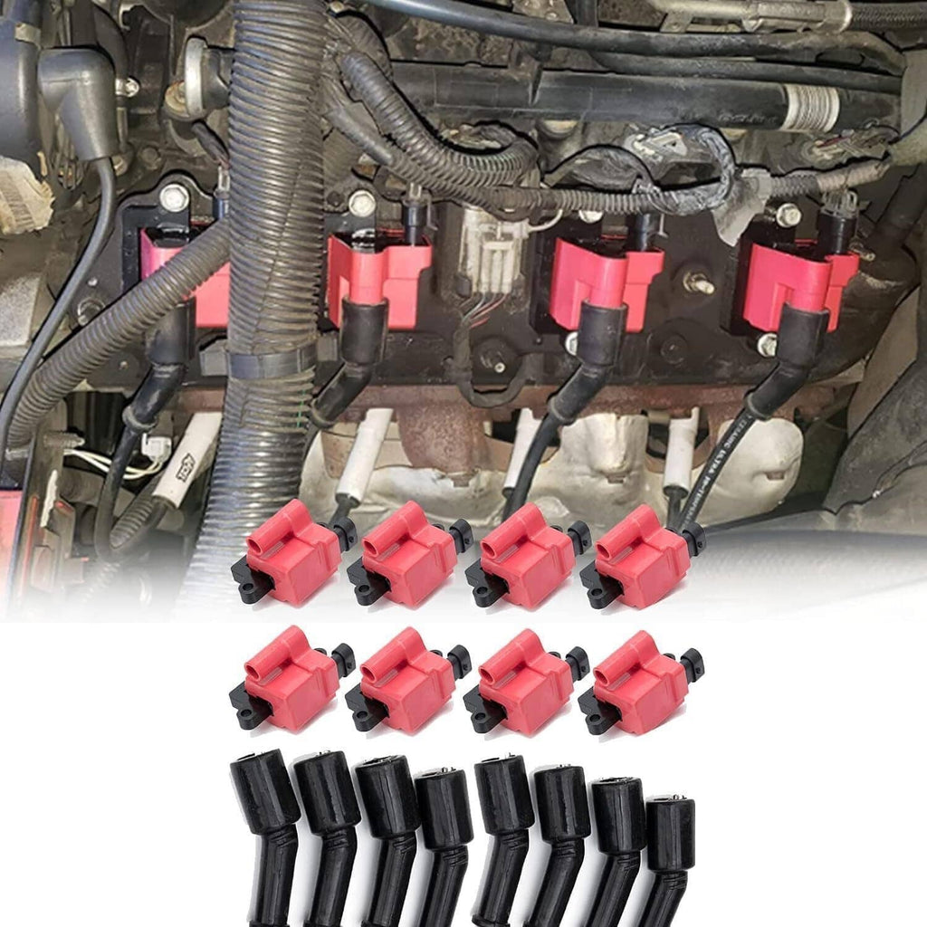 Ignition coil set installed on engine, red square coils with black connectors and boots