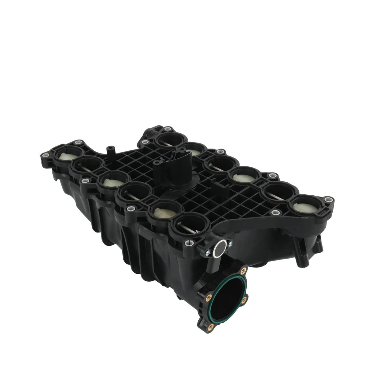 Black intake manifold with teal-rim air port and metal mounting bracket