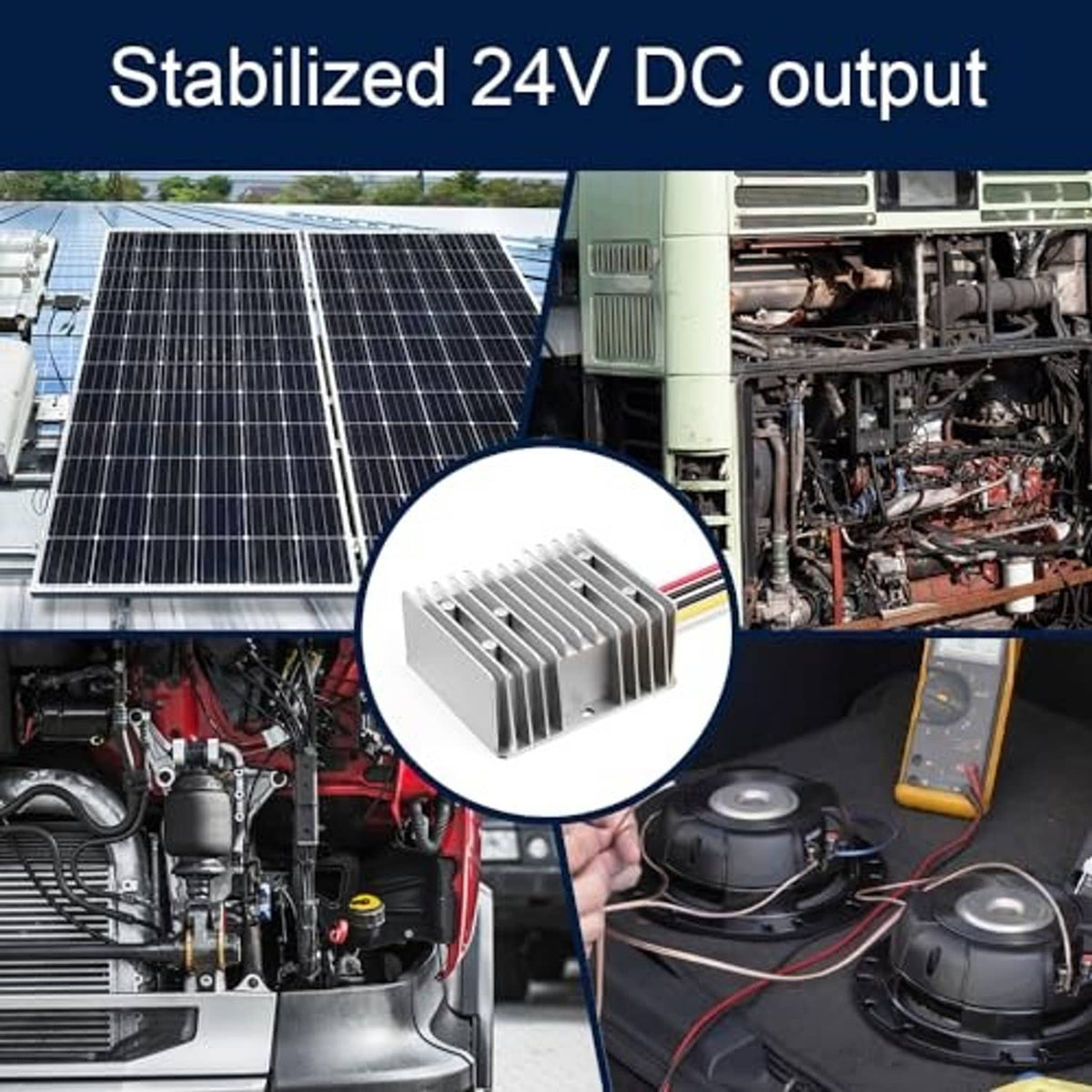 Stabilized 24V DC voltage regulator module with silver heat sink fins and wiring bundle