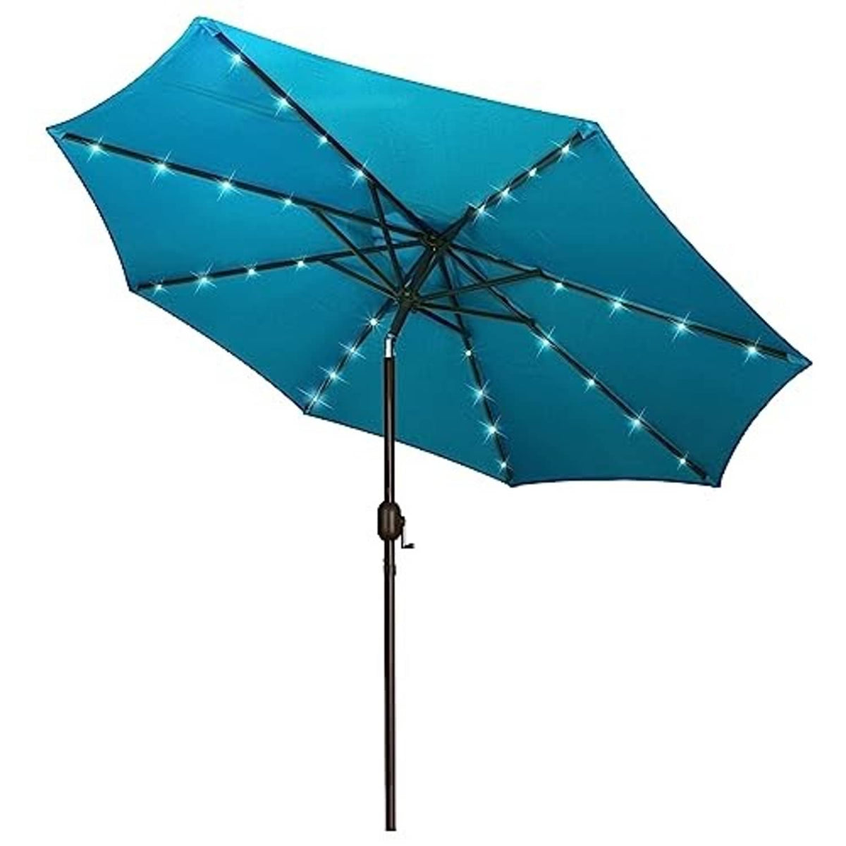 Cerulean solar umbrella with LED light strands across the canopy and pole