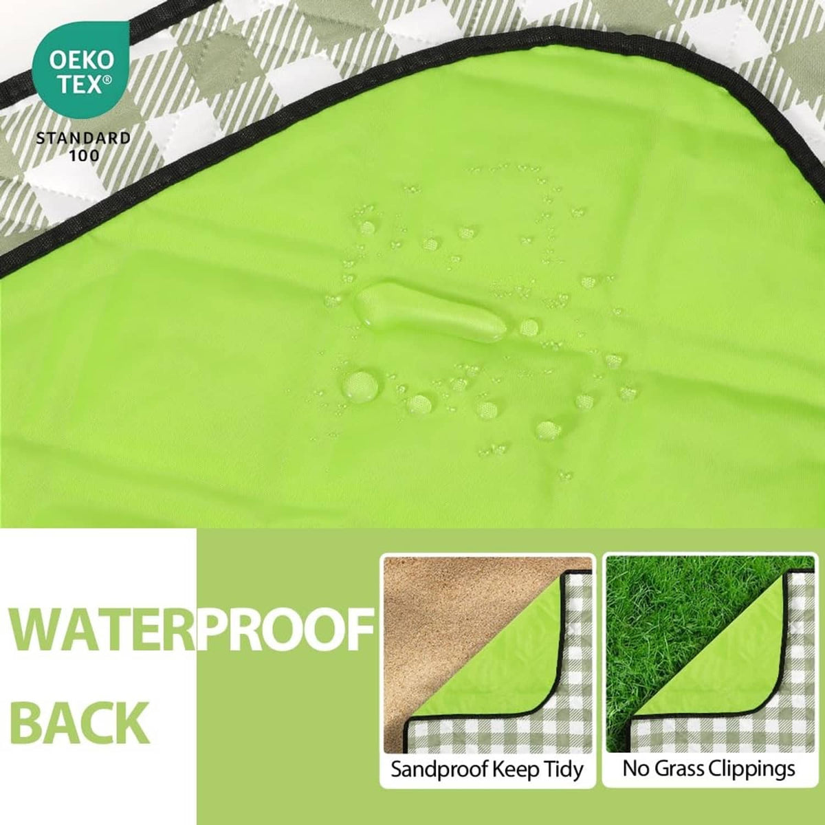 Lime green picnic blanket surface with water beads and black edge trim.