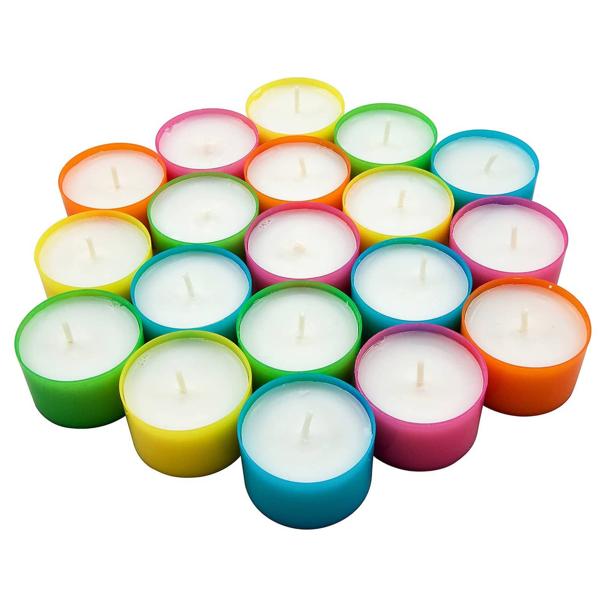 Unlit multicolor tea light candles with white tops in green, purple, blue, yellow, and orange.