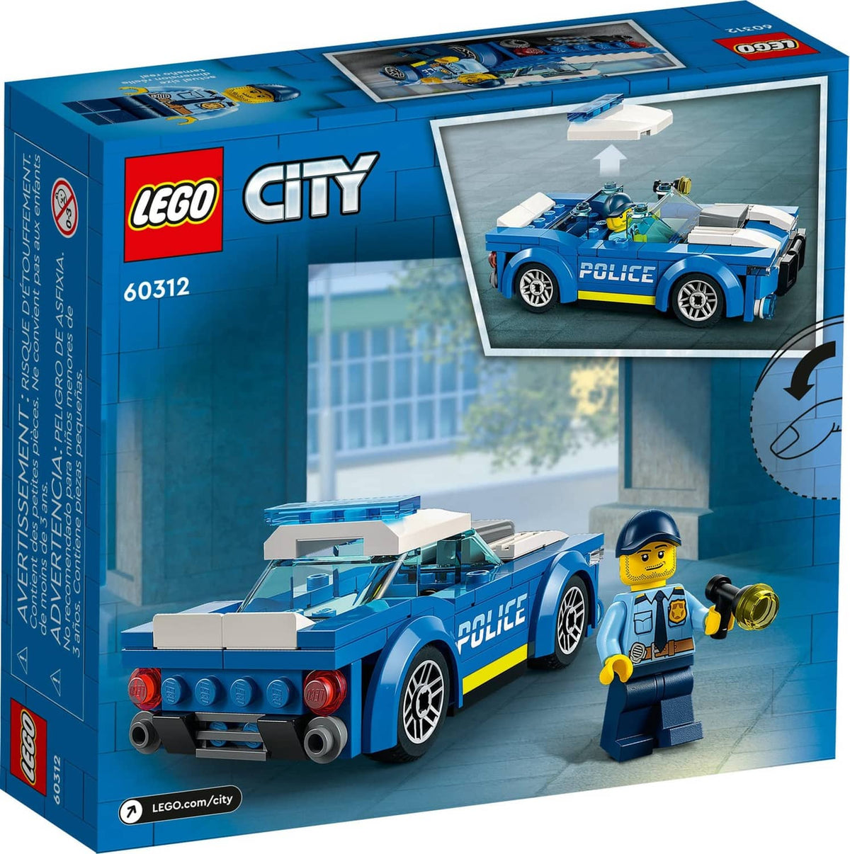 LEGO City police car toy set box with blue and white police car artwork