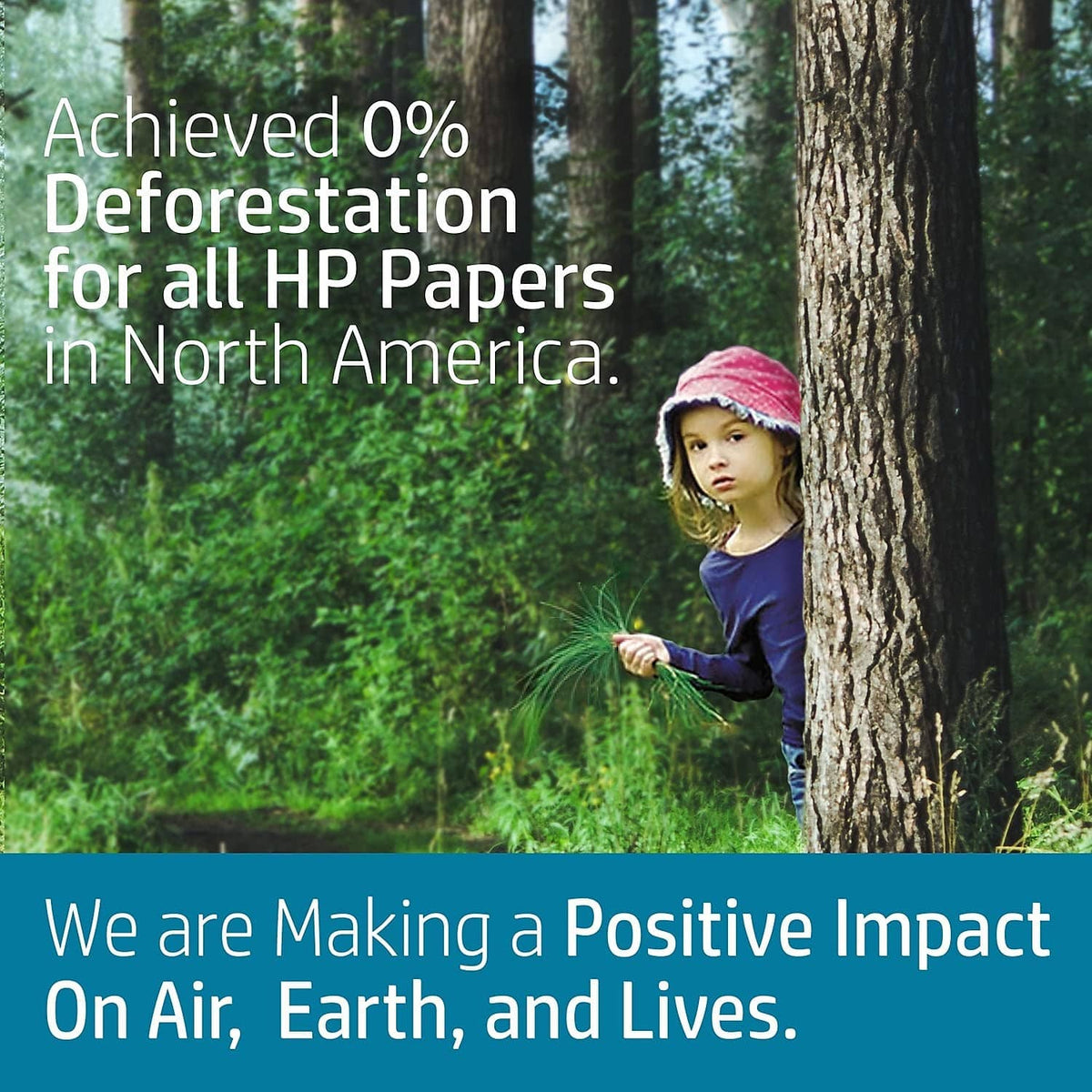 HP paper environmental impact graphic with child near tree trunks and greenery