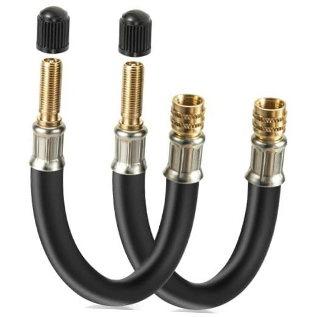 Flexible black tire valve extender hose set with brass threaded fittings and caps