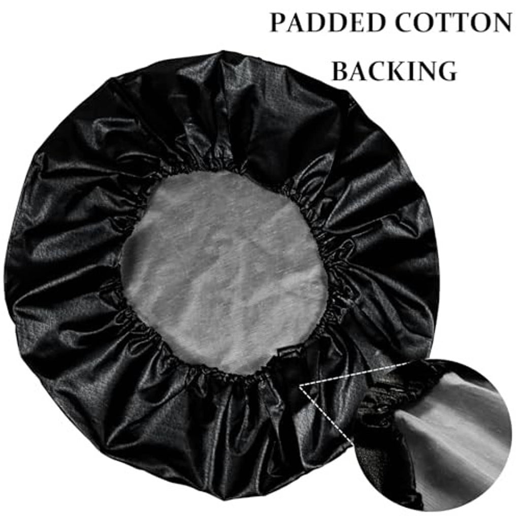 Padded spare tire cover, black fabric with gray circular center and gathered elastic