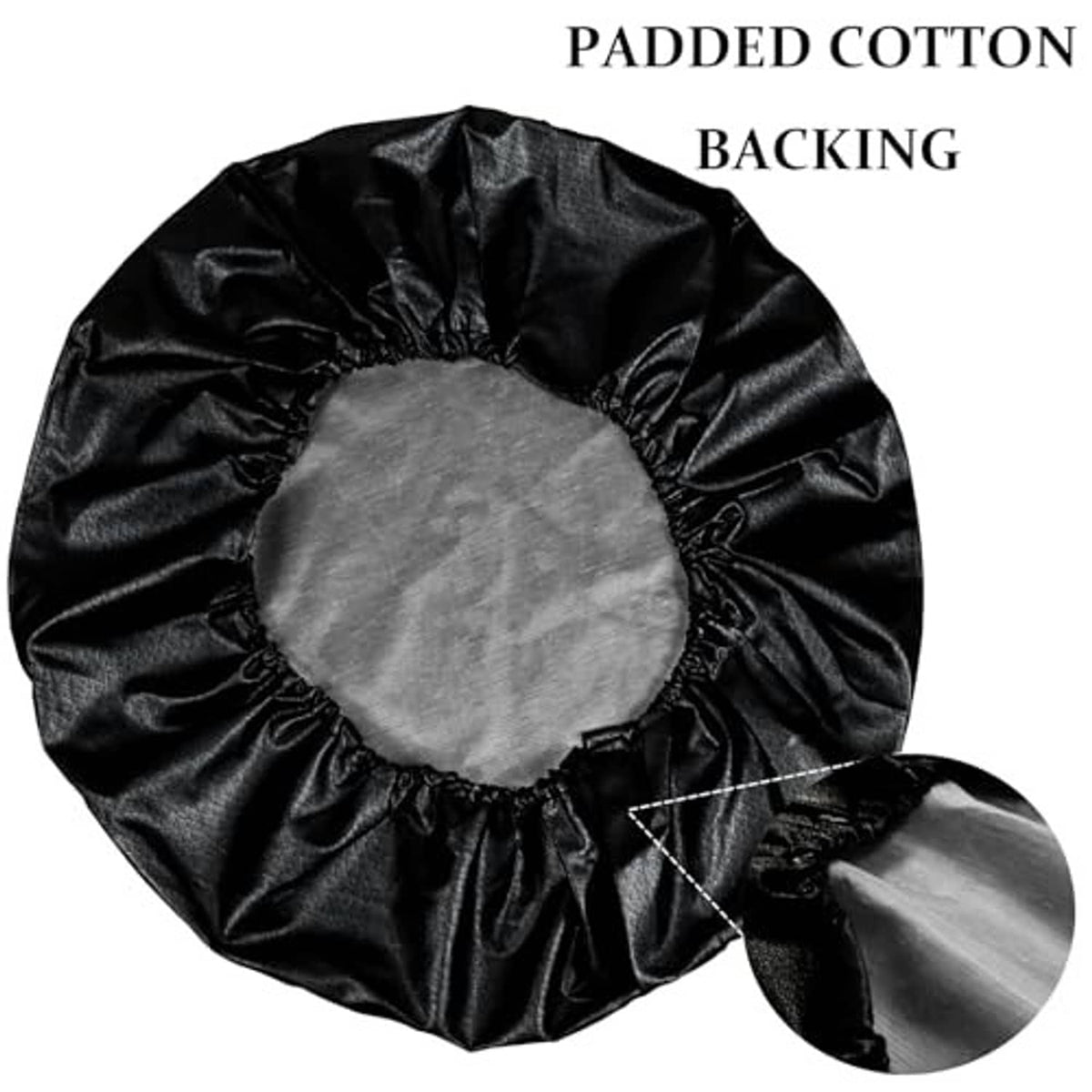 Padded spare tire cover, black fabric with gray circular center and gathered elastic