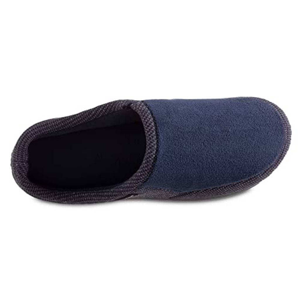 Men's navy slip-on slipper with dark interior lining and low sole