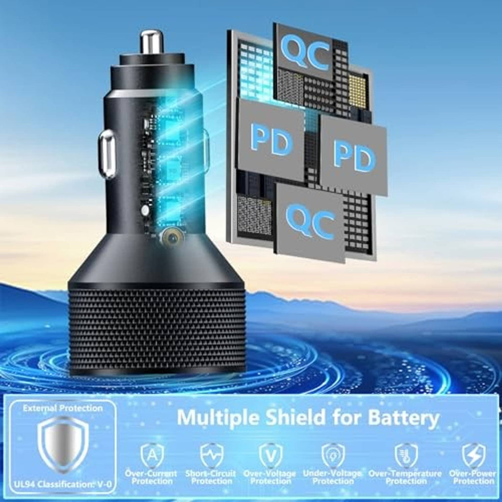 Black car power charger with multi-shield protection graphic and glow port indicators