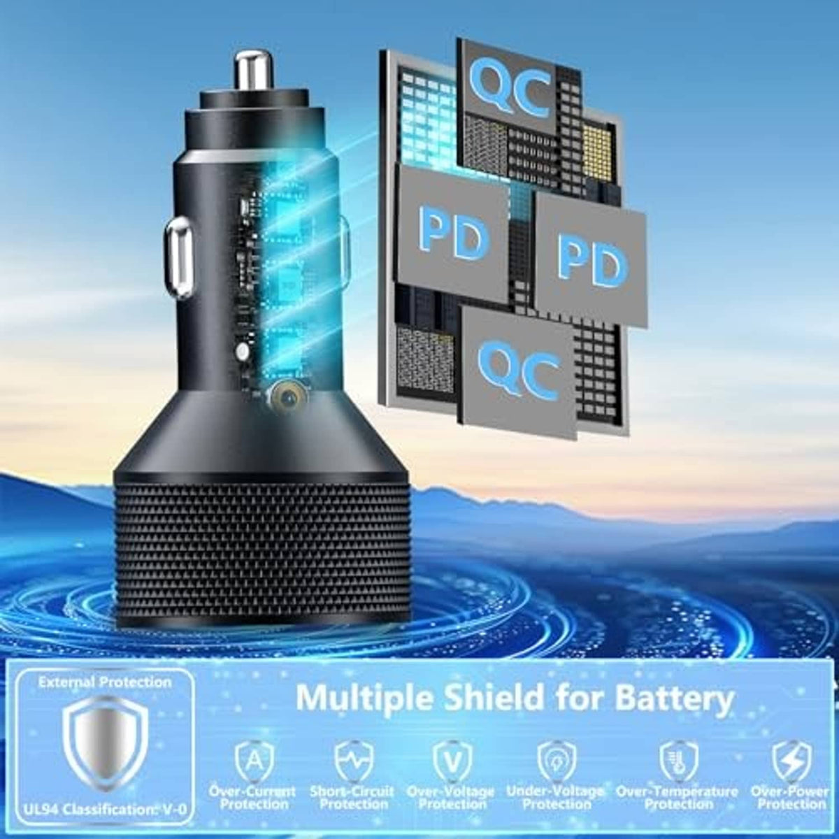 Black car power charger with multi-shield protection graphic and glow port indicators