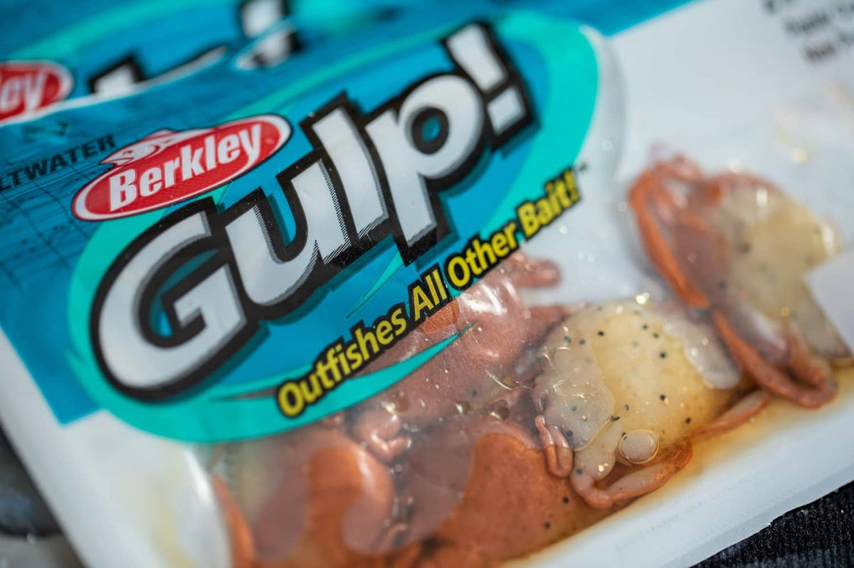 Berkley Gulp Gulp! packaged soft crab bait, orange and clear speckled