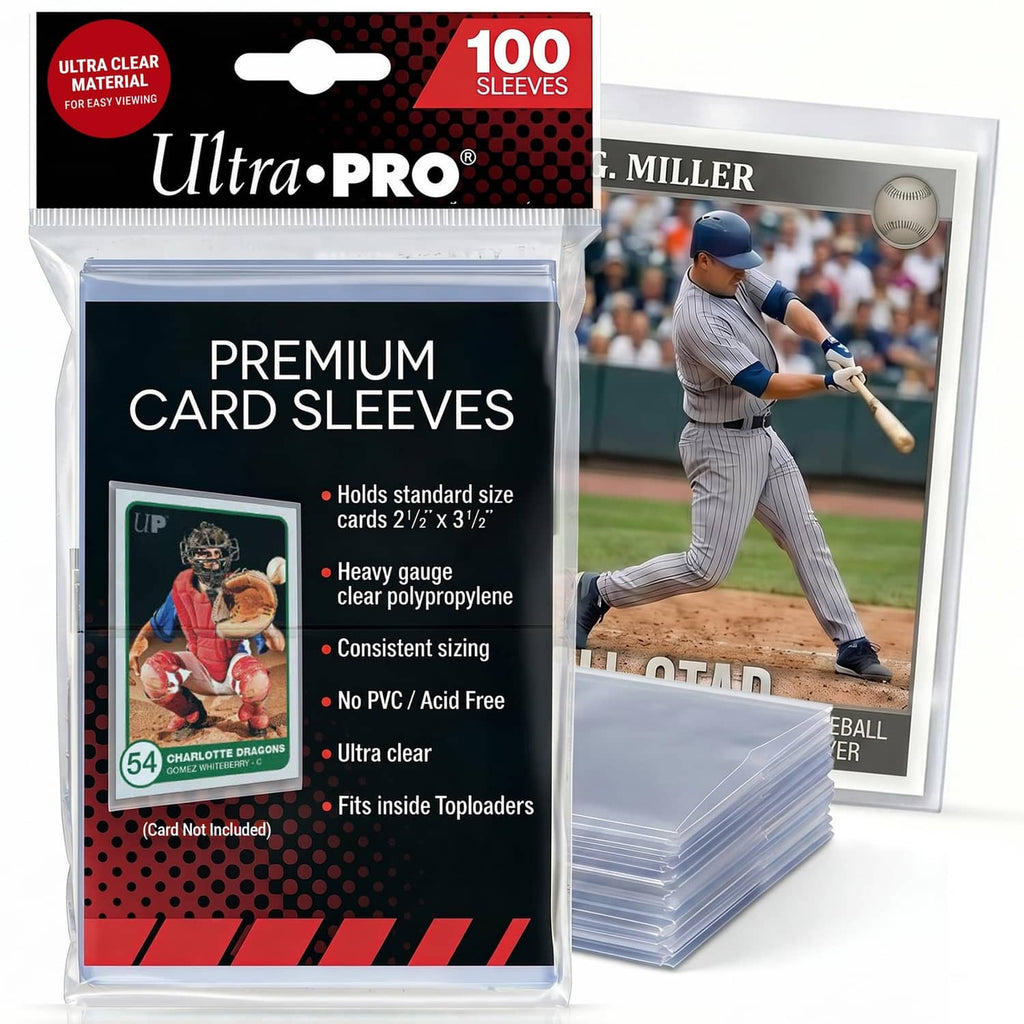Ultra Pro premium clear trading card sleeves, 100-count box with stack of sleeves