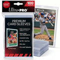 Ultra Pro premium clear trading card sleeves, 100-count box with stack of sleeves