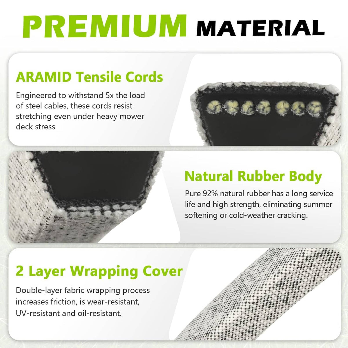 Mower deck belt material detail: aramid tensile cords and natural rubber body