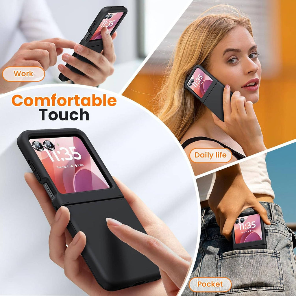 Black folding phone case with comfortable soft-touch grip for daily use