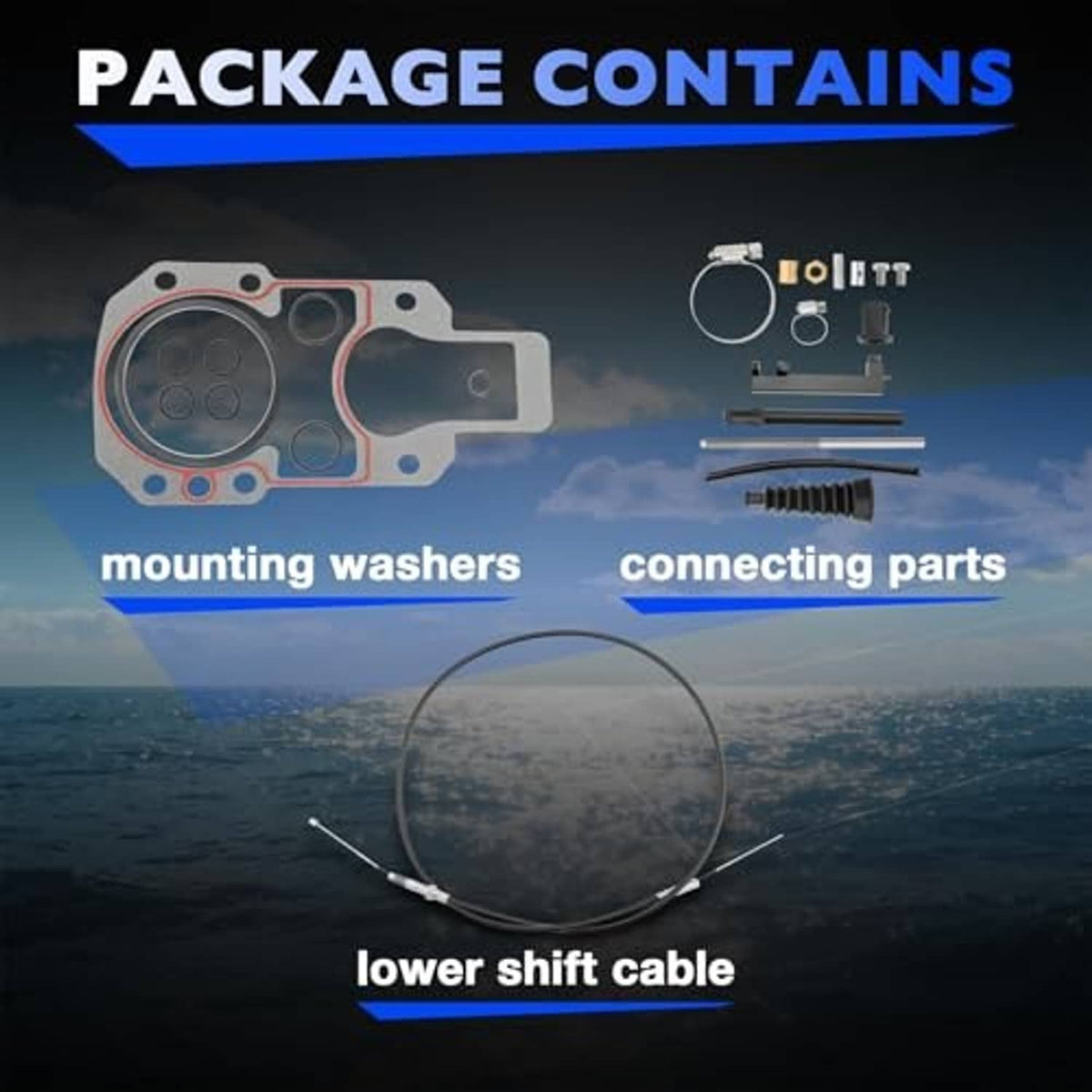 Lower shift cable package parts: mounting washers, connecting hardware, and cable assembly