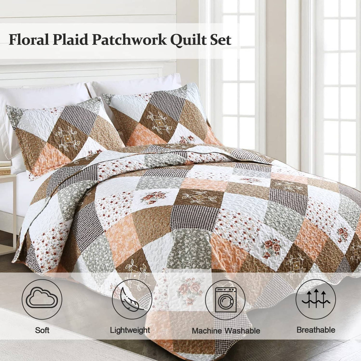 Twin quilt set showing brown, tan, and white plaid patchwork with quilted texture