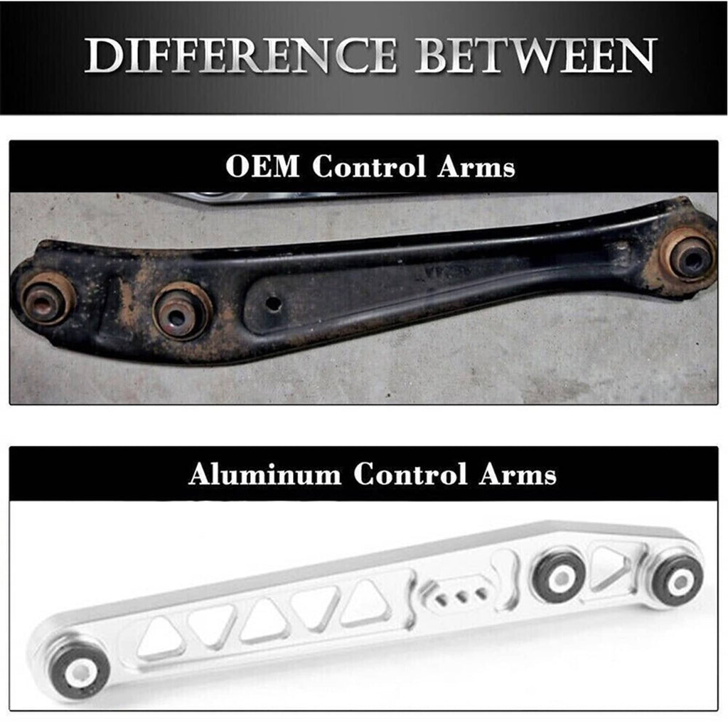 Silver aluminum rear control arm with ball-joint style mounts and bushing housings