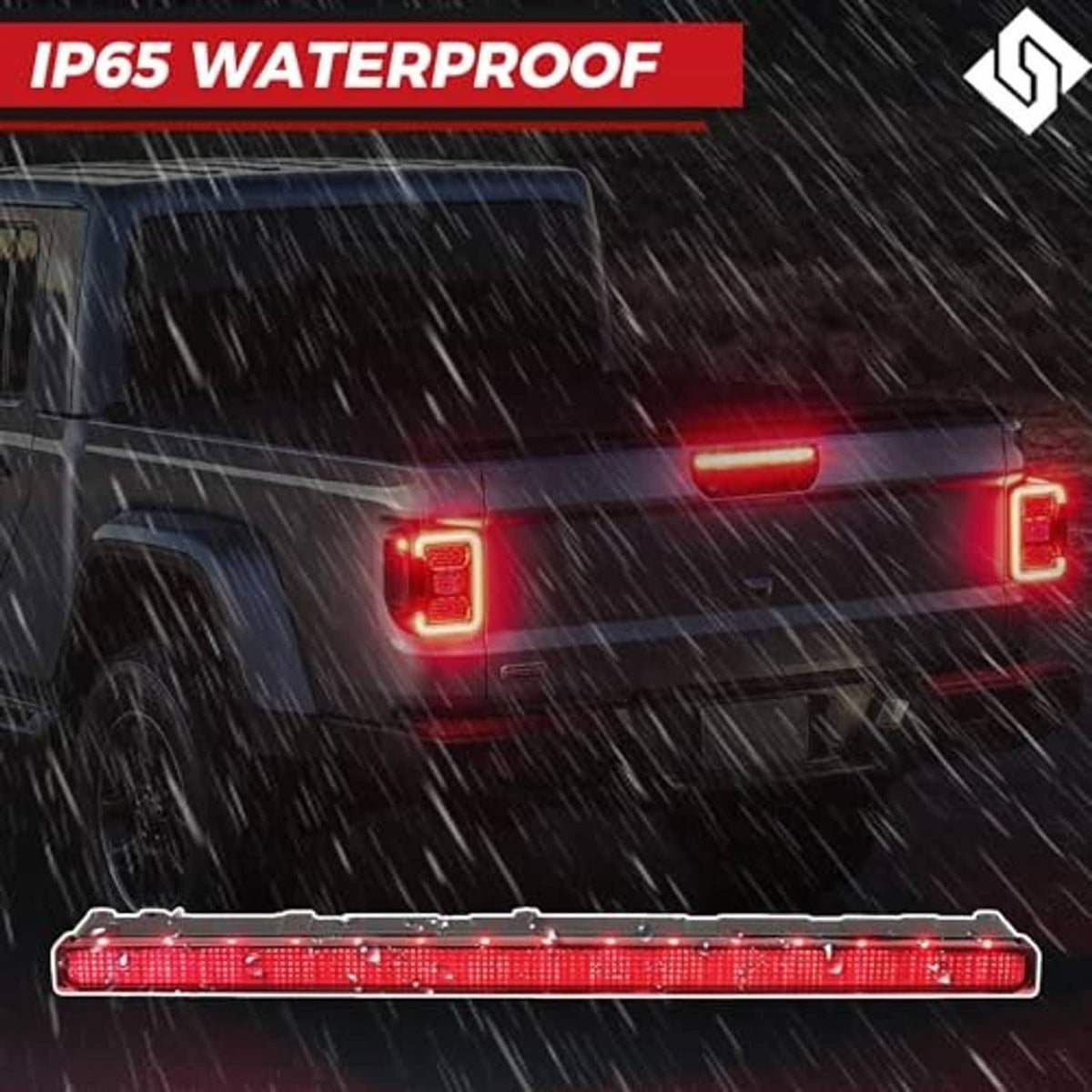 Third brake light bar with red LED lens and black frame, illuminated