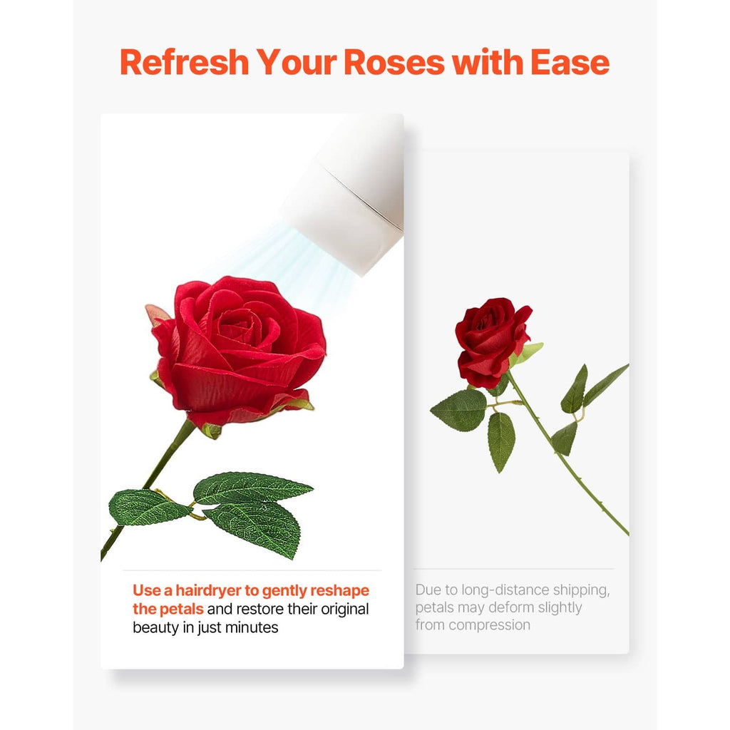 Red artificial rose flowers with green leaves on slender stems