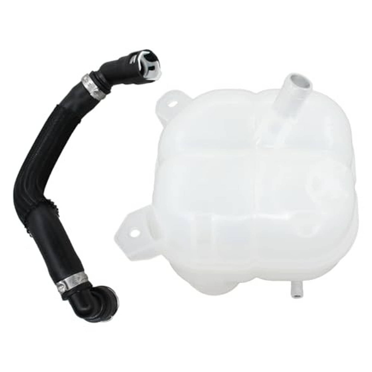 Coolant expansion tank with black hose assembly and clamp ends, white reservoir