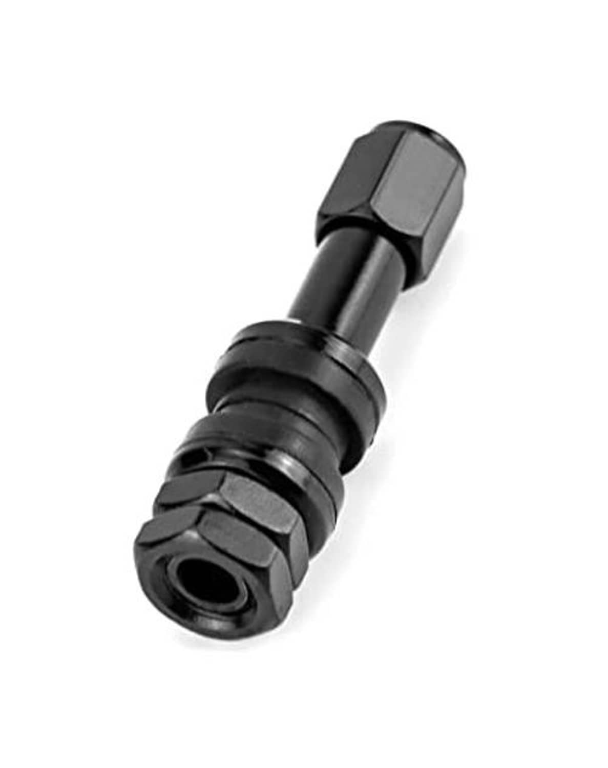 Black metal clamp-in valve stem with angled opening and threaded lower section