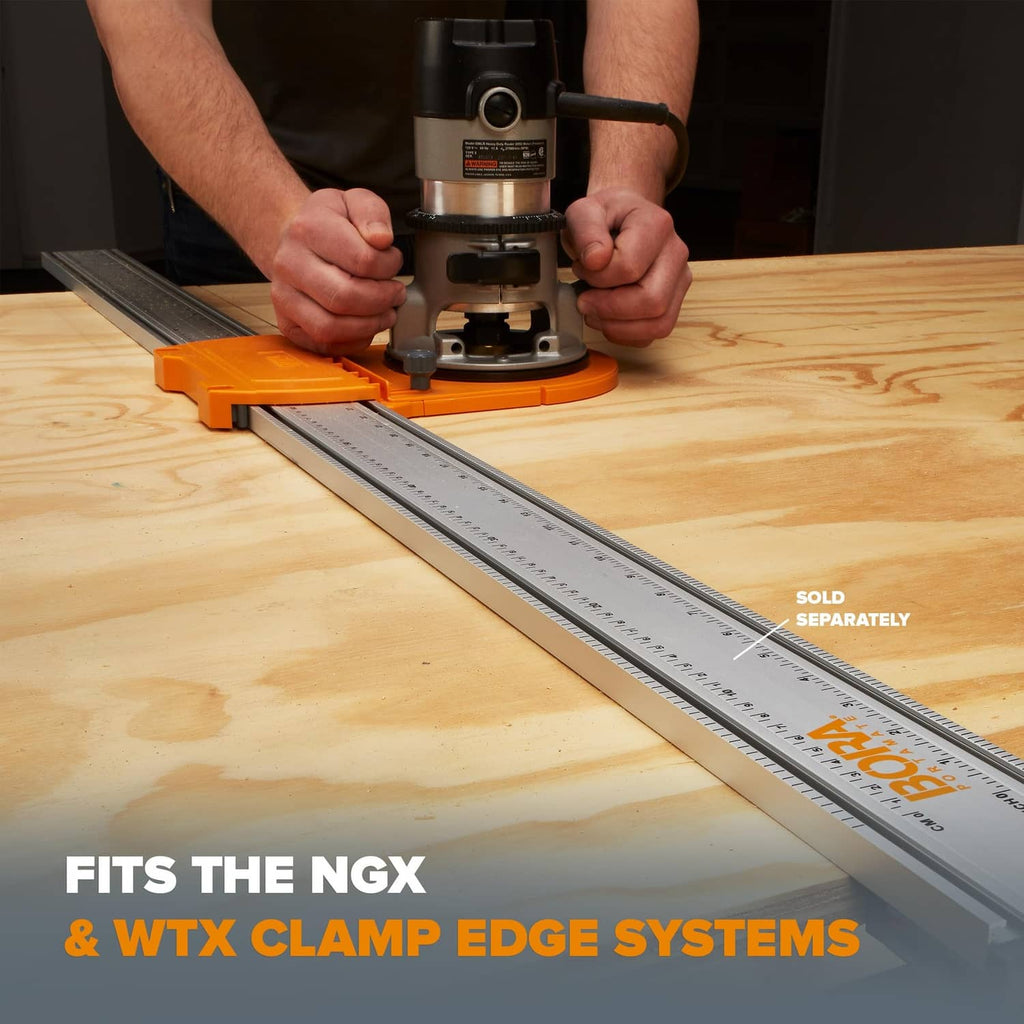 Bora router dado jig set on a long guide track on plywood for cutting dados