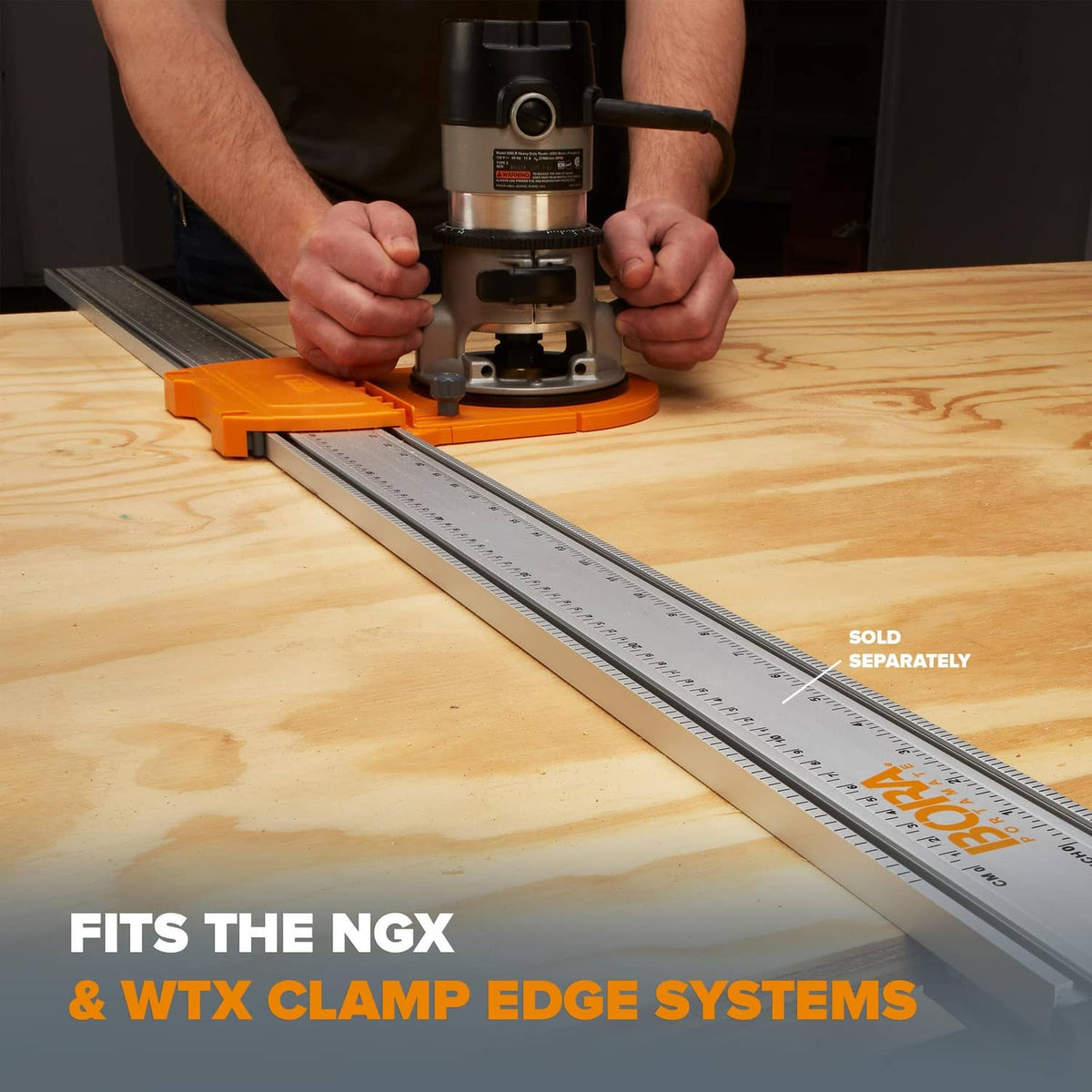 Bora router dado jig set on a long guide track on plywood for cutting dados