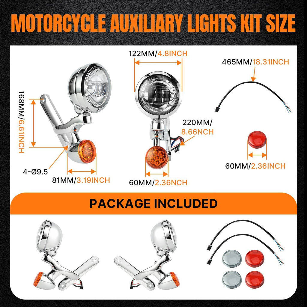 Motorcycle auxiliary light kit with two round chrome lamps and amber turn signals