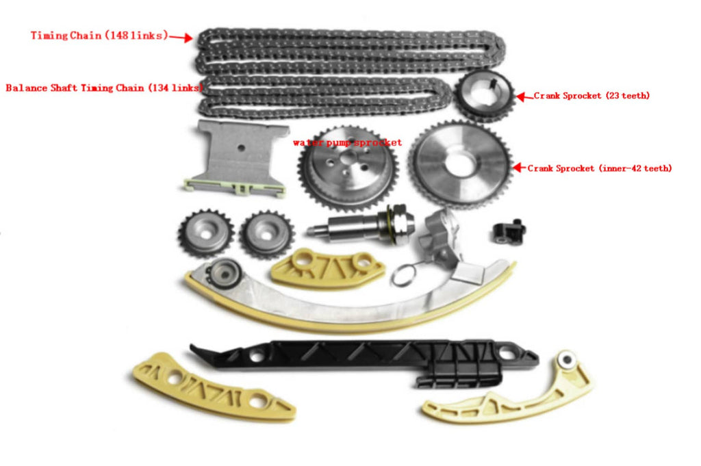 Timing chain kit parts with chain, sprockets, guides, and tensioner assembly