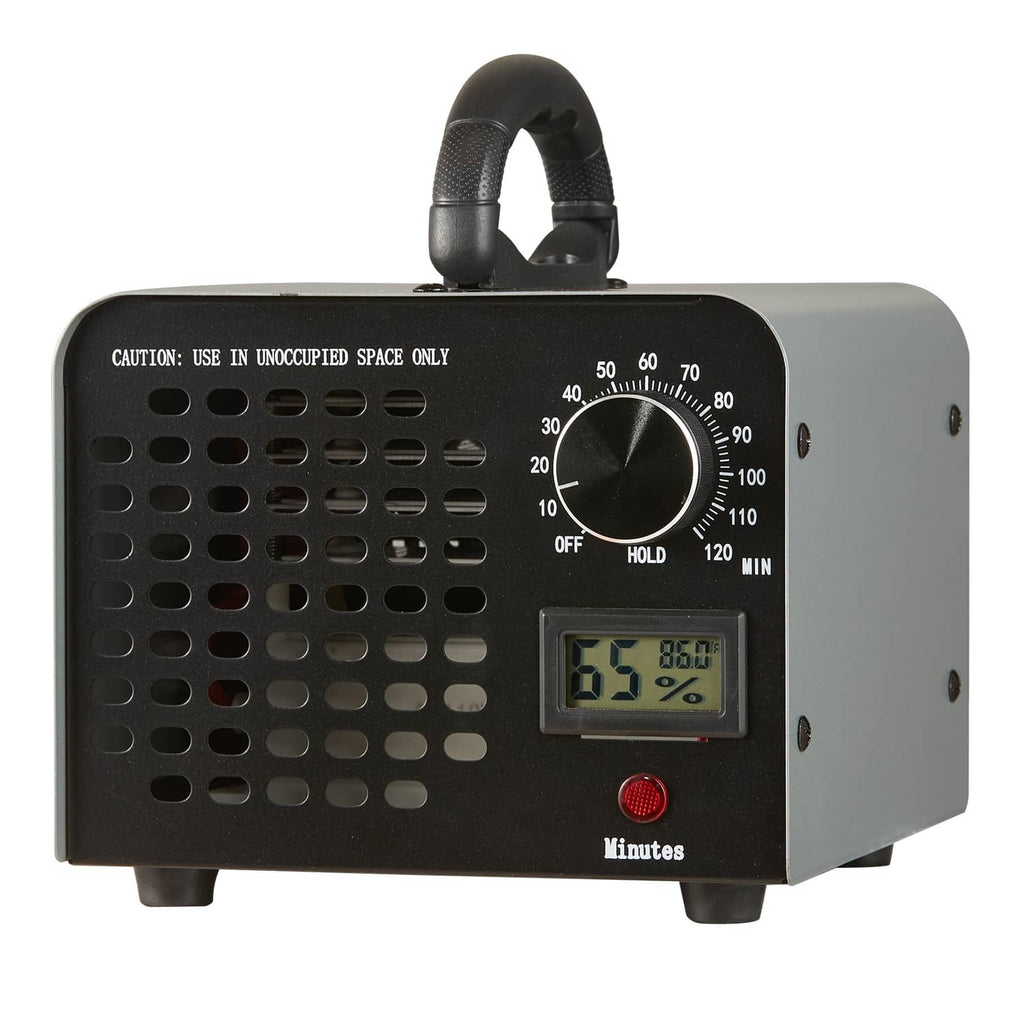 Commercial ozone generator air purifier with black handle, digital display, grille and timer knob.